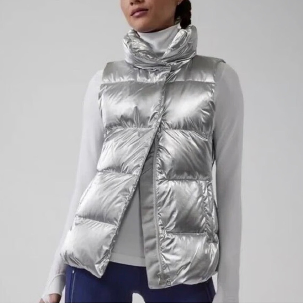 Athleta Silver Shiny Puffer Vest